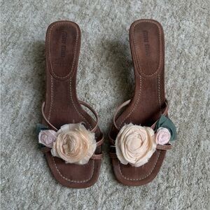 MIU MIU Brown Sandals with Floral Accents